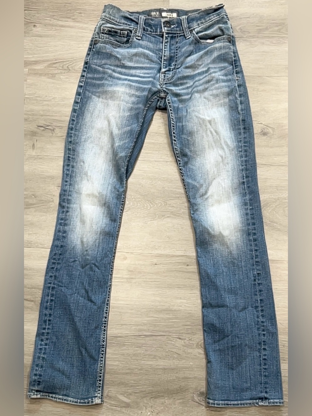 BKE Jake Straight Leg Jeans Mens 27R Blue Denim Stretch Whiskered Distressed
